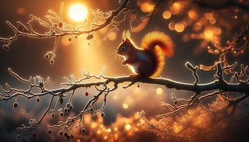 Zonnebaden in het winterse bos: een eekhoorn droomt van artefacti