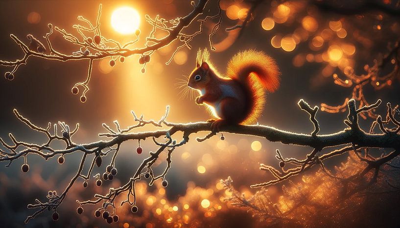 Bain de soleil dans la forêt hivernale : un écureuil rêve par artefacti