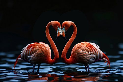 Deux flamants roses forment un cœur sur l'eau