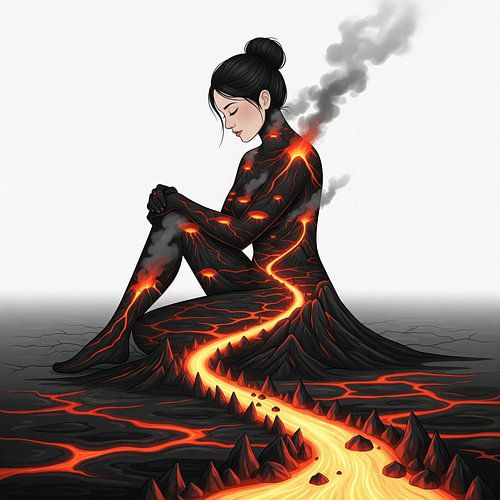 Feurige Lavafrau sitzend, ein Vulkan der Gefühle