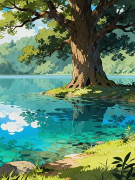 ANIME Arbre serein au bord du lac - Paysage naturel inspiré de Ghibli Eau cristalline