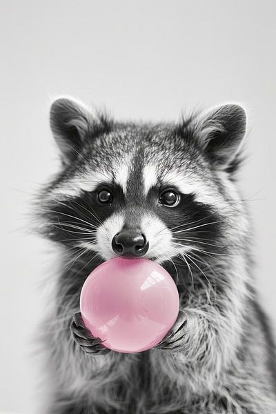 Wasbeer blaast een roze kauwgomballon op van Poster Art Shop