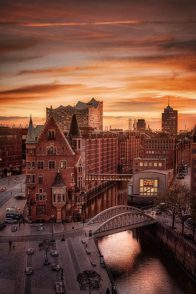 Hamburg Speicherstadt with Elbphilharmonie in the sunset. by Voss photography