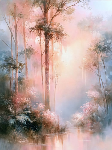 A pink woodland scene bathed in soft morning light