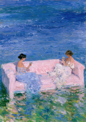 Roze bank aan zee - Elegant impressionistisch olieverfschilderij