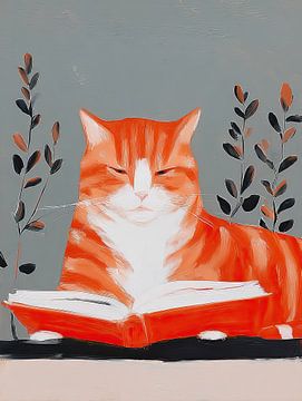 Ingwer-Katze liest ein Buch in ruhigem Interieur von Mosaic Dialogue