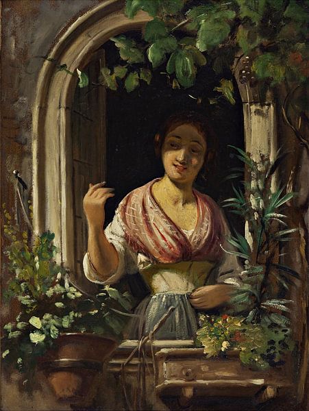 Wilhelm Marstrand-Italian woman waving from a window by finemasterpiece