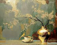 Stilleben in Gold - Vase mit Vogel auf Tasse und Untertasse.  Serie: Stilleben im Aquarellstil