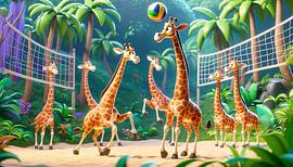 Net volleyball game in the jungle - giraffes in action by artefacti