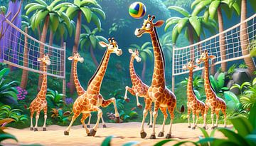 Netvolleybalwedstrijd in de jungle - giraffen in actie van artefacti