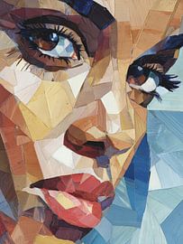 Geometrisch Vrouwenportret in Blauwe Tinten – Moderne Cubistische Wandkunst van SPEQ ART