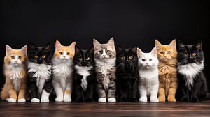 Collage-Set aus verschiedenen Katzen isoliert auf schwarzem Hintergrund
