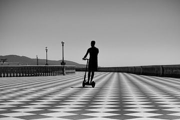 Black and white pattern with silhouette of an electric scooter by Patrick Verhoef