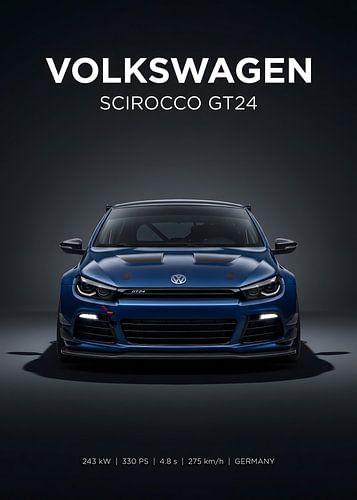 Vooraanzicht van de Volkswagen Scirocco GT24-raceauto in het blauw van Morgan