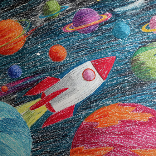 Kleurrijke raket tussen de sterren tekening