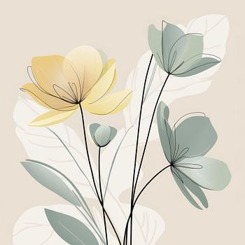 Minimalistische botanische Strichzeichnungen von Blumen in sanften Pastelltönen