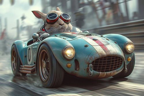 Snelle bunny in een vintage speedster op de piste