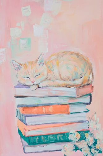 Slapende kat op boeken