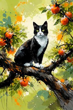 Tuxedo cat in apple tree by Linda de Klein