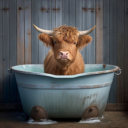 Schottischer Highlander in der Badewanne