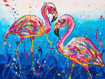 Flamingo's in blauw van Happy Paintings