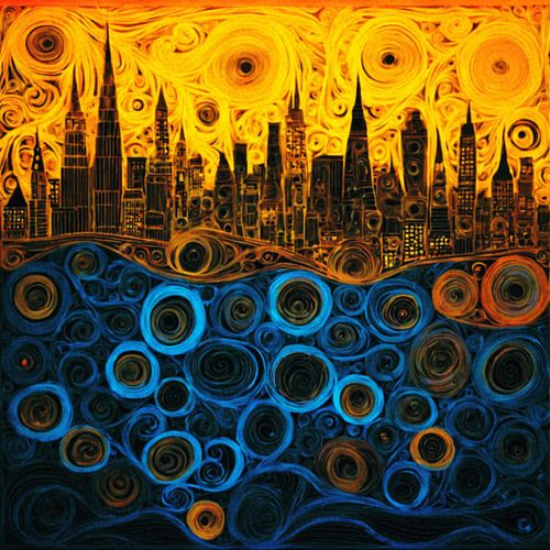 Abstracte Skyline bij Nacht – Gouden Licht Kunst