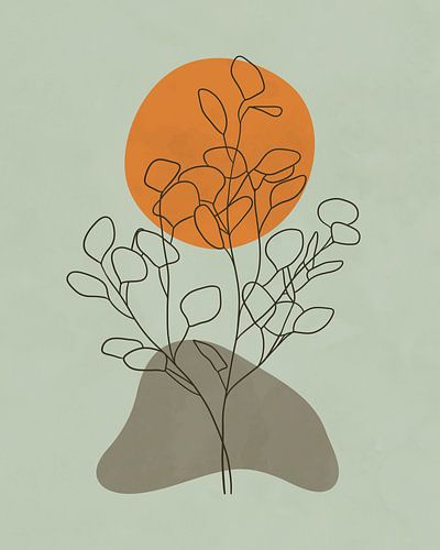 Minimalistisch landschap met een eucalyptus boom en een zon