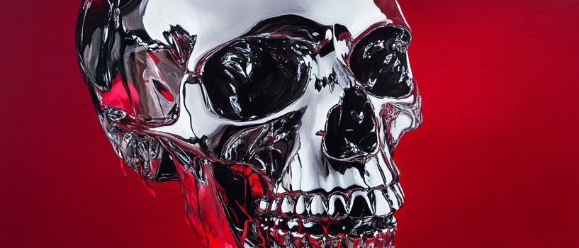 Glanzende schedel op rode achtergrond van Poster Art Shop