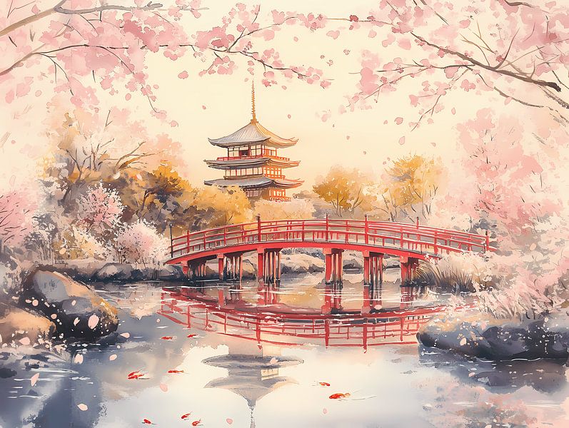 Temple, Bridge and Sakura by Littlewhitecat