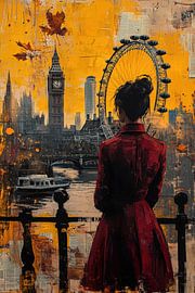 Frau am Riesenrad – Geheimnisvolles Gemälde in Orange und Rot von BowiScapes – Kunst und urbane Wandgestaltung