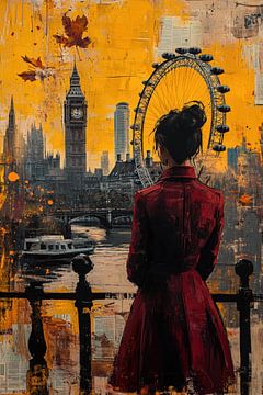 Woman at Large Ferris Wheel - Orange Red Mysterious Painting by BowiScapes abstract and digital art