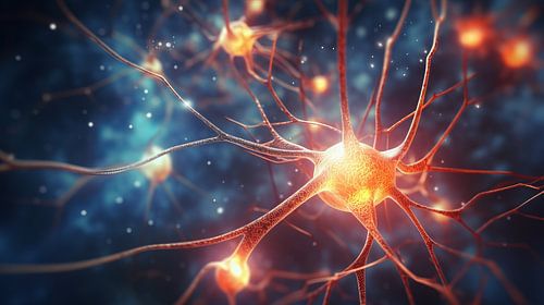 Neuronaal netwerk met elektrische activiteit van neuroncellen 3D rendering illustratie. Neurowetenschappen, neurologie, zenuwstelsel en impulsen, hersenactiviteit, microbiologie concepten. Visie van kunstenaar.