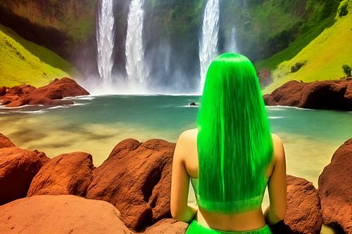Meisje met lang groen haar bij de waterval