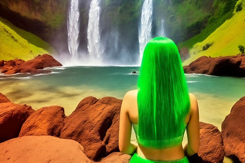 Girl with long green hair at the waterfall by Frank Heinz