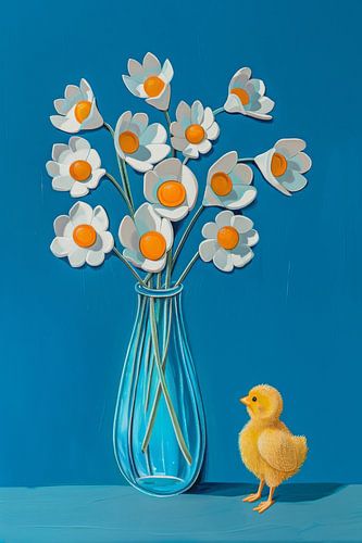 Eieren, bloemen en kuikens in de gloed van de lente