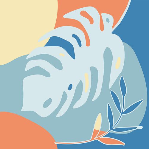 Zomertijd. Tropische botanische abstracte bladeren in terracotta, blauw en geel nr. 7