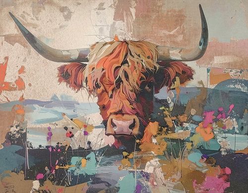 retro kunstwerk kleurige hooglander