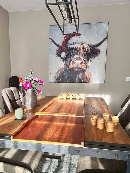 Scottish Highlander Winter Portrait with Santa Hat