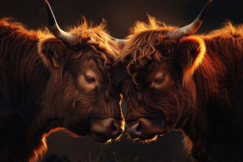 Twee Schotse Hooglanders bij zonsondergang