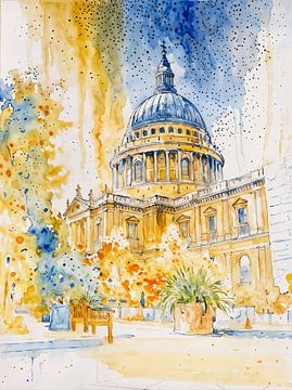 Herfstlicht bij de Koepel – Stadszicht in Aquarel van Retrotimes