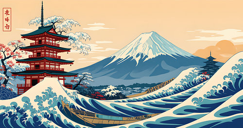moderne japanse kunst golven en Berg Fuji