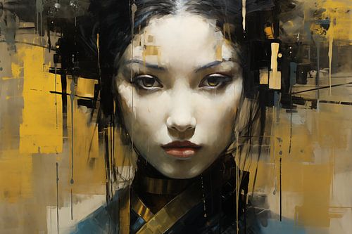 Gouden Echtheid: Geisha in Kleurrijk Contrast