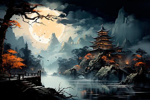 Japanse pagode in het maanlicht aan een bergmeer