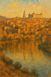 Stadtbild von Toledo & Tajo – Golden Hour Spanische Kunst auf einem Hügel