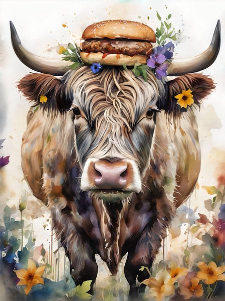 The Burden of Consumption: Scottish Highlander in Spring Landscape by Retrotimes