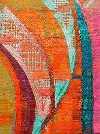 Abstracte kunst in linnen structuren: oranje-roze en blauw/groen van Studio Pieternel