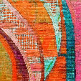 Abstrakte Kunst in Leinentexturen: orange-rosa und blau-grün von Studio Pieternel