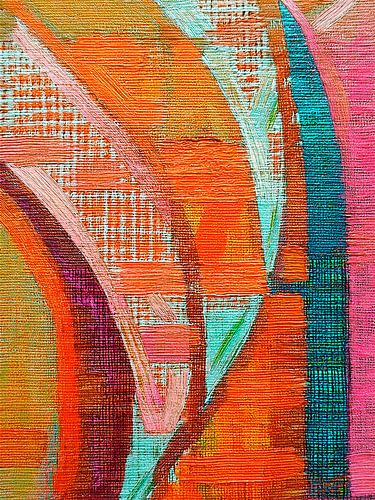 Abstracte kunst in linnen structuren: oranje-roze en blauw/groen