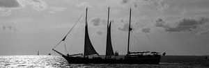 Segelschiff am Horizont auf dem Wattenmeer bei Sonnenuntergang.