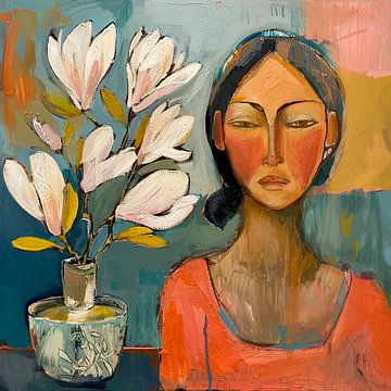Portretschilderij van vrouw en boeket magnolias in vaas van Vlindertuin-Art